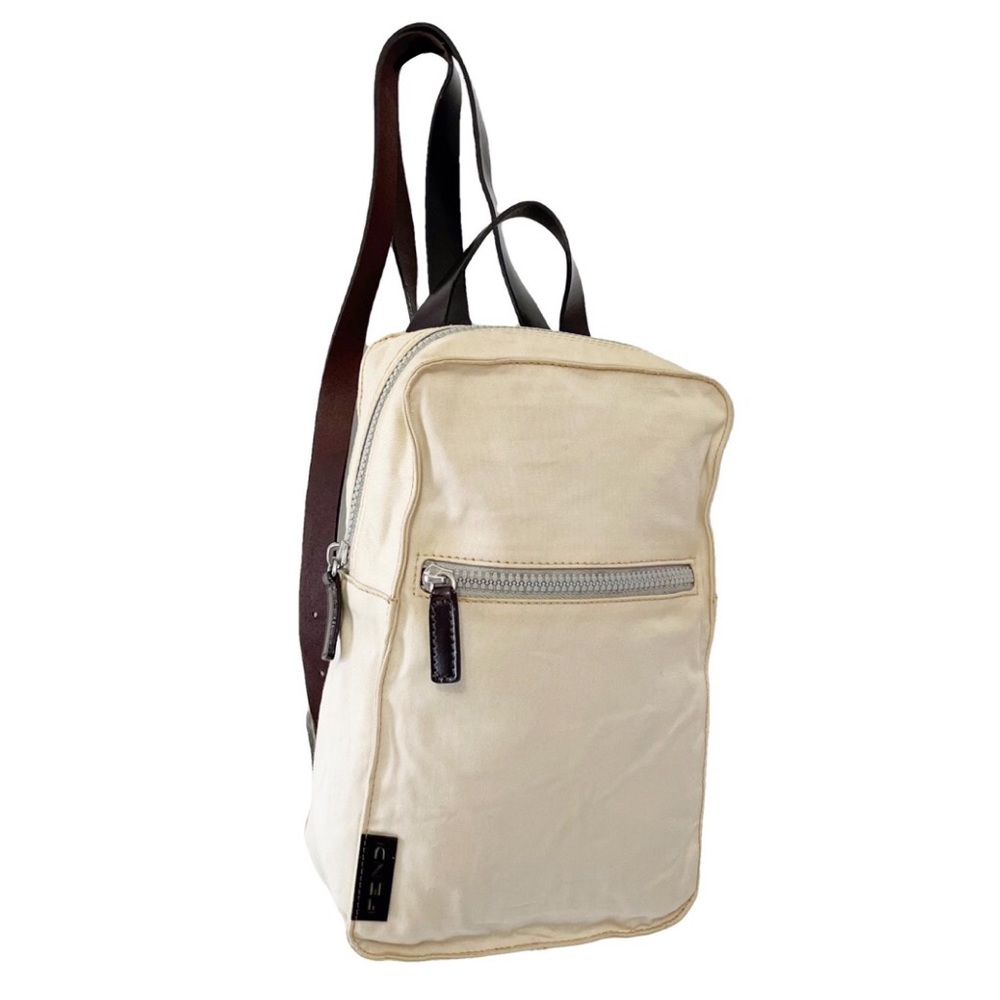 Fendi off white canvas brown leather small rectangular backpack